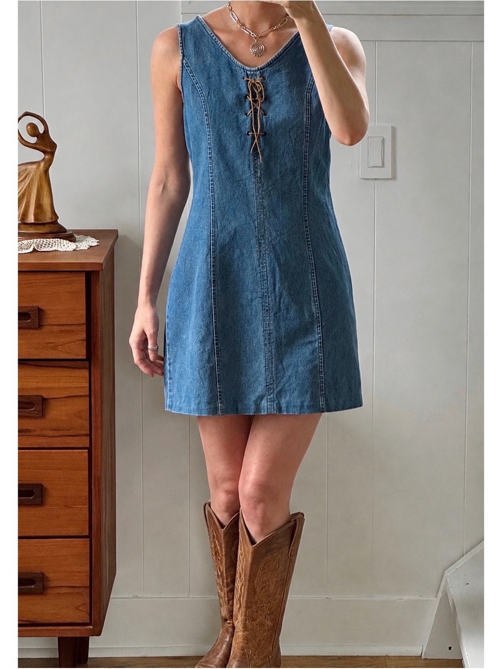 90s Y2K Denim Lace-Up Sleeveless Mini Dress | Western | Vintage